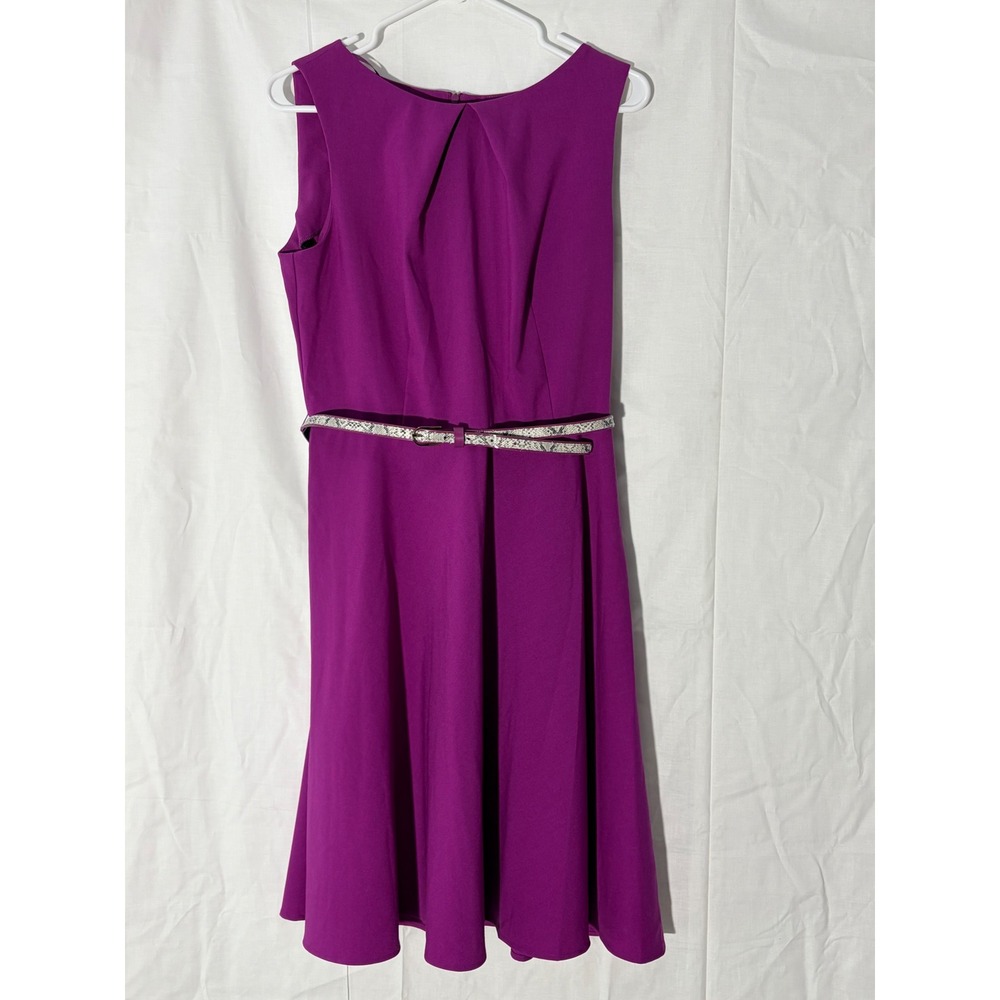 Dressbarn Magenta Purple Fit & Flare Belted Pleated Neck Dress 12 0308A82